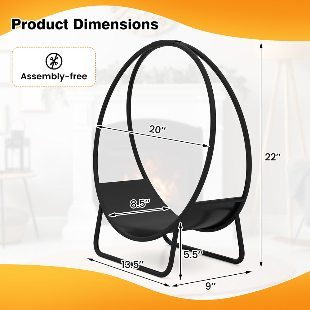 VANECL 20 Inch Round Firewood Log Hoop, Heavy Duty Powder Coated Metal Curved Firewood Rack with A-Shaped Support Stand, Pre-Assembled Indoor Outdoor Firewood Storage Holder for Fireplace Patio Garage