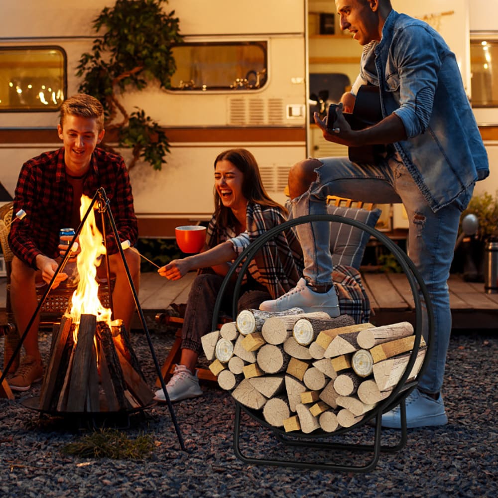 VANECL 20 Inch Round Firewood Log Hoop, Heavy Duty Powder Coated Metal Curved Firewood Rack with A-Shaped Support Stand, Pre-Assembled Indoor Outdoor Firewood Storage Holder for Fireplace Patio Garage
