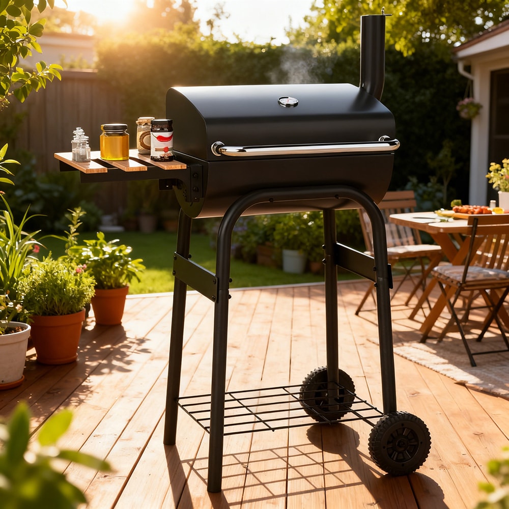 VANECL Barrel Charcoal Grill with Built-in Thermometer, Foldable Beech Wood Side Table & Bottom Storage Shelf, Portable Outdoor BBQ Grill with Rolling Wheels for Backyard Patio Camping Tailgate