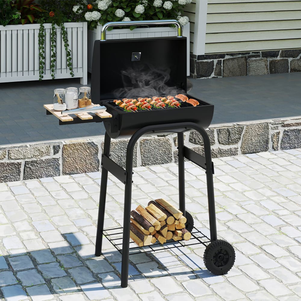 VANECL Barrel Charcoal Grill with Built-in Thermometer, Foldable Beech Wood Side Table & Bottom Storage Shelf, Portable Outdoor BBQ Grill with Rolling Wheels for Backyard Patio Camping Tailgate