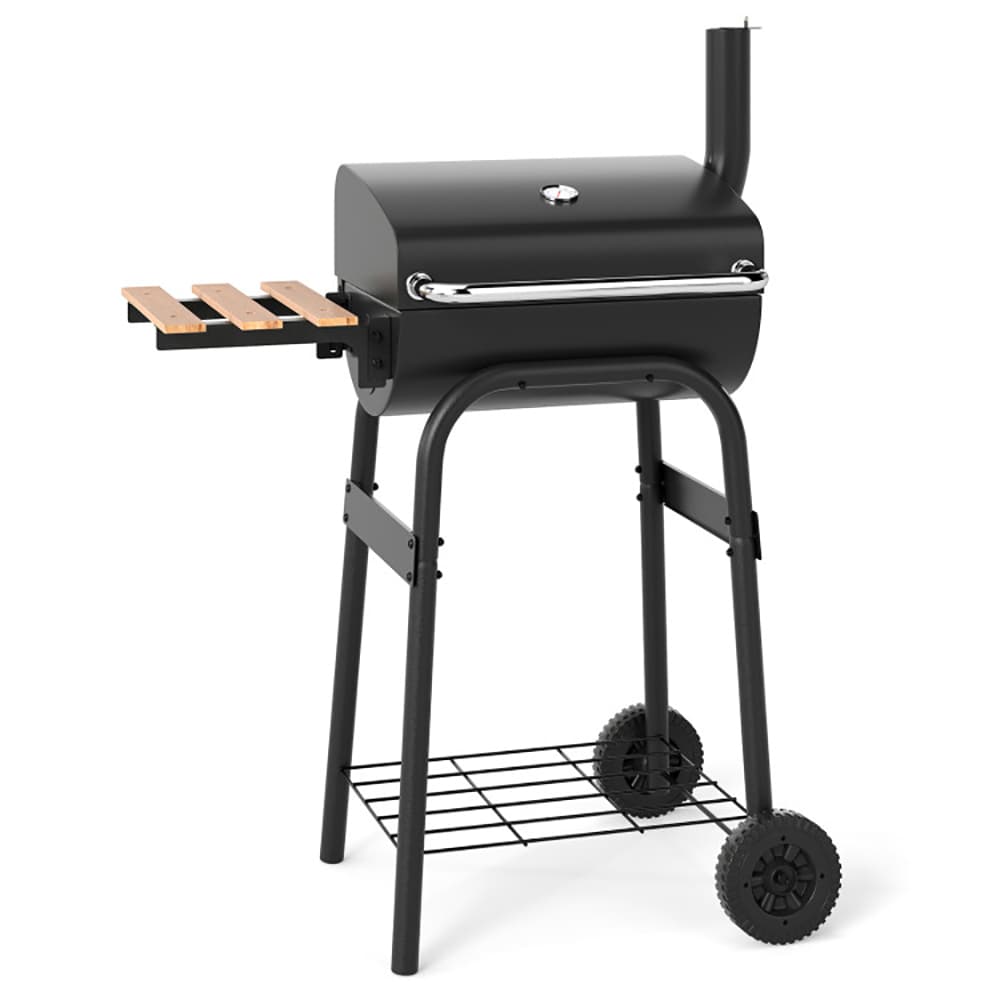 VANECL Barrel Charcoal Grill with Built-in Thermometer, Foldable Beech Wood Side Table & Bottom Storage Shelf, Portable Outdoor BBQ Grill with Rolling Wheels for Backyard Patio Camping Tailgate