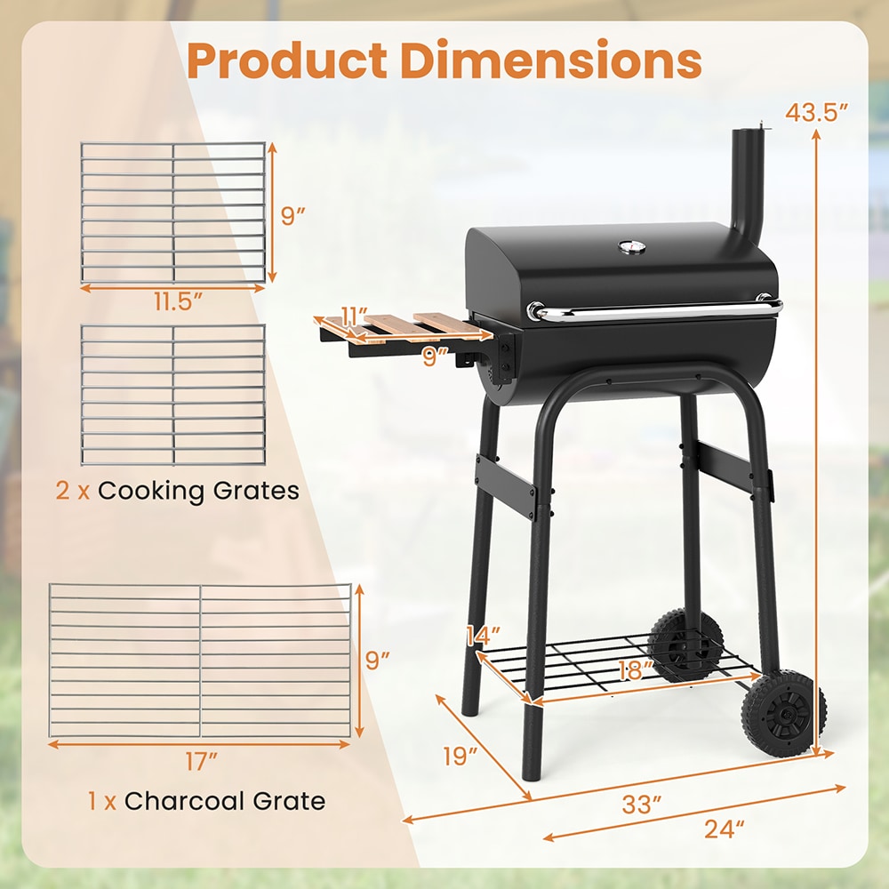 VANECL Barrel Charcoal Grill with Built-in Thermometer, Foldable Beech Wood Side Table & Bottom Storage Shelf, Portable Outdoor BBQ Grill with Rolling Wheels for Backyard Patio Camping Tailgate