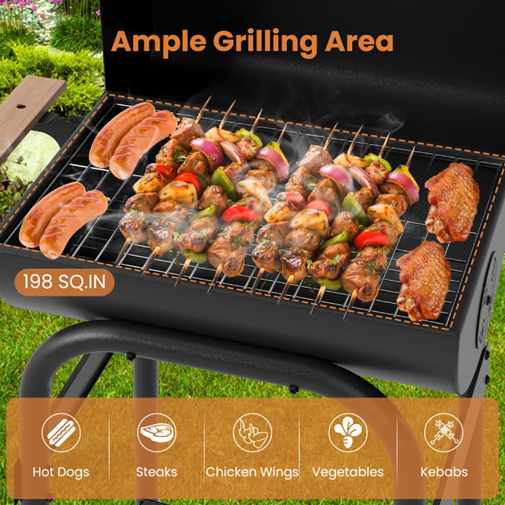 VANECL Barrel Charcoal Grill with Built-in Thermometer, Foldable Beech Wood Side Table & Bottom Storage Shelf, Portable Outdoor BBQ Grill with Rolling Wheels for Backyard Patio Camping Tailgate