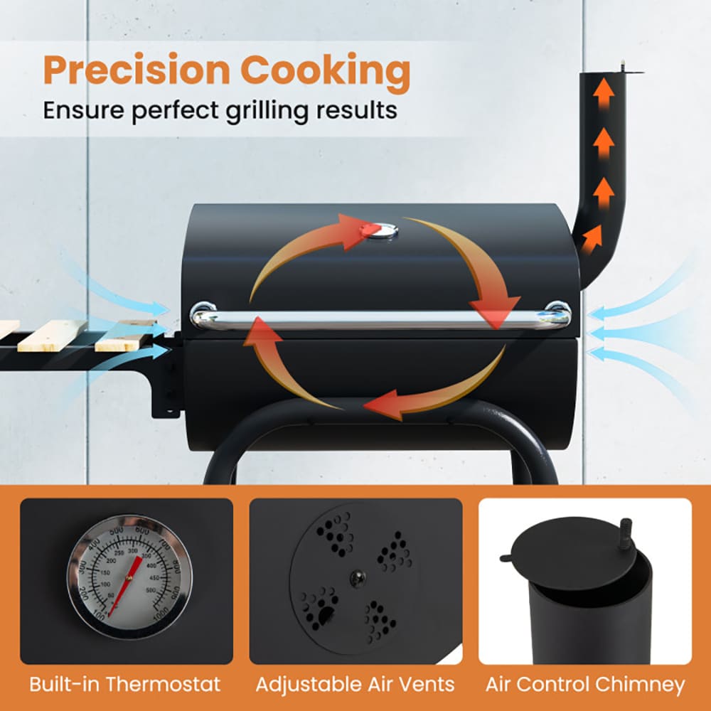 VANECL Barrel Charcoal Grill with Built-in Thermometer, Foldable Beech Wood Side Table & Bottom Storage Shelf, Portable Outdoor BBQ Grill with Rolling Wheels for Backyard Patio Camping Tailgate