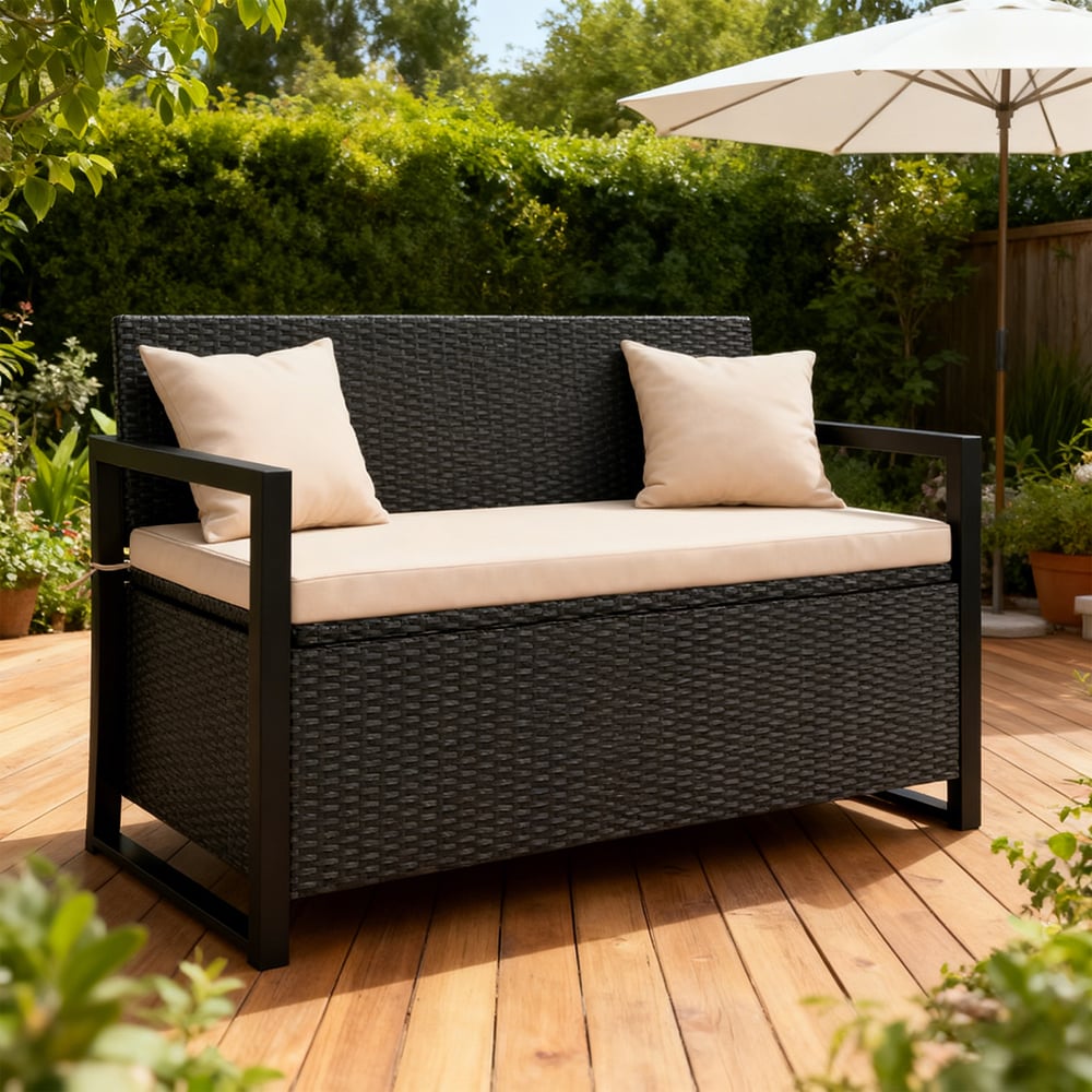 VANECL Outdoor PE Wicker Storage Bench, 40 Gallon 2-Seat Loveseat with Off White Sponge Cushion & Gas Strut Lid, Mix Brown Rattan Patio Deck Storage B0x for Backyard Porch Poolside