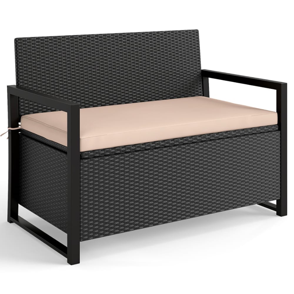VANECL Outdoor PE Wicker Storage Bench, 40 Gallon 2-Seat Loveseat with Off White Sponge Cushion & Gas Strut Lid, Mix Brown Rattan Patio Deck Storage B0x for Backyard Porch Poolside