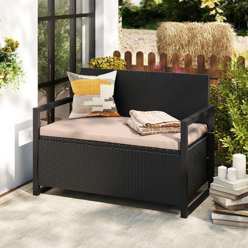 VANECL Outdoor PE Wicker Storage Bench, 40 Gallon 2-Seat Loveseat with Off White Sponge Cushion & Gas Strut Lid, Mix Brown Rattan Patio Deck Storage B0x for Backyard Porch Poolside