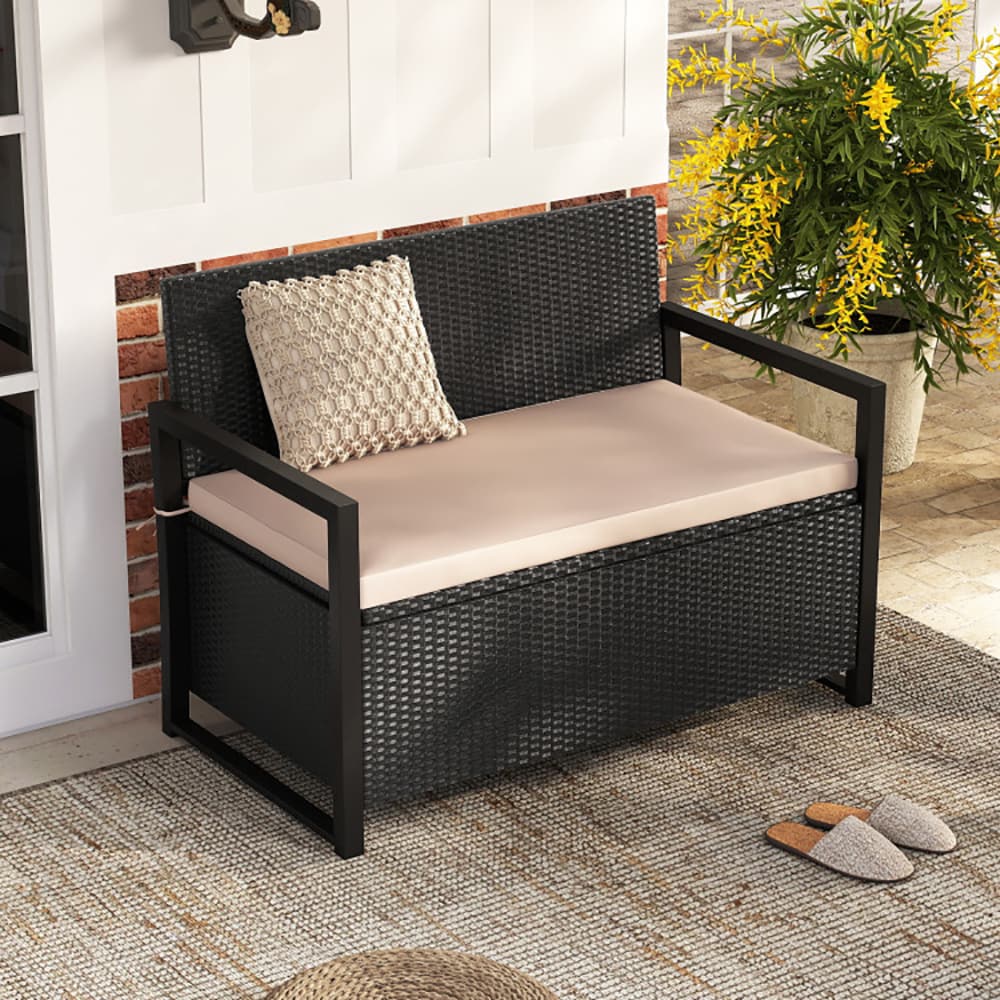 VANECL Outdoor PE Wicker Storage Bench, 40 Gallon 2-Seat Loveseat with Off White Sponge Cushion & Gas Strut Lid, Mix Brown Rattan Patio Deck Storage B0x for Backyard Porch Poolside