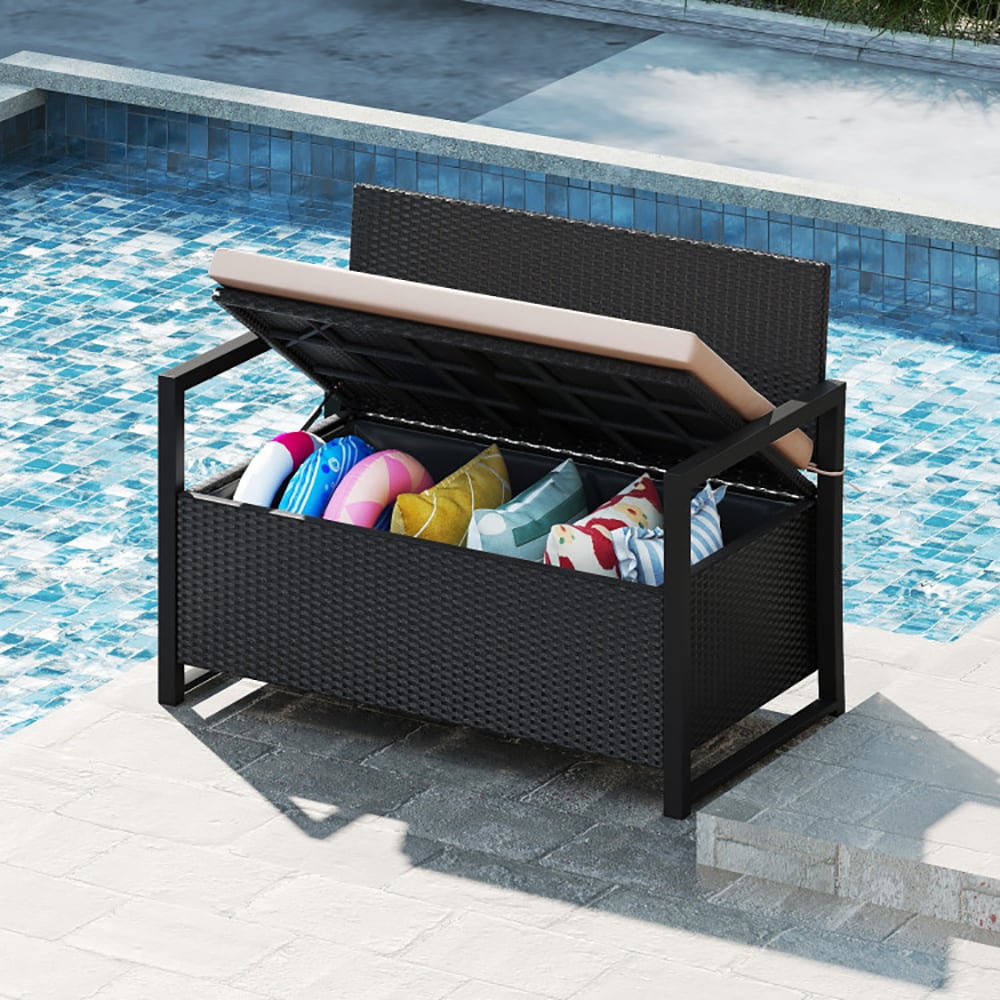 VANECL Outdoor PE Wicker Storage Bench, 40 Gallon 2-Seat Loveseat with Off White Sponge Cushion & Gas Strut Lid, Mix Brown Rattan Patio Deck Storage B0x for Backyard Porch Poolside