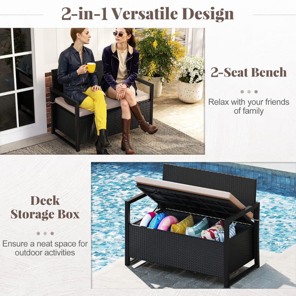 VANECL Outdoor PE Wicker Storage Bench, 40 Gallon 2-Seat Loveseat with Off White Sponge Cushion & Gas Strut Lid, Mix Brown Rattan Patio Deck Storage B0x for Backyard Porch Poolside