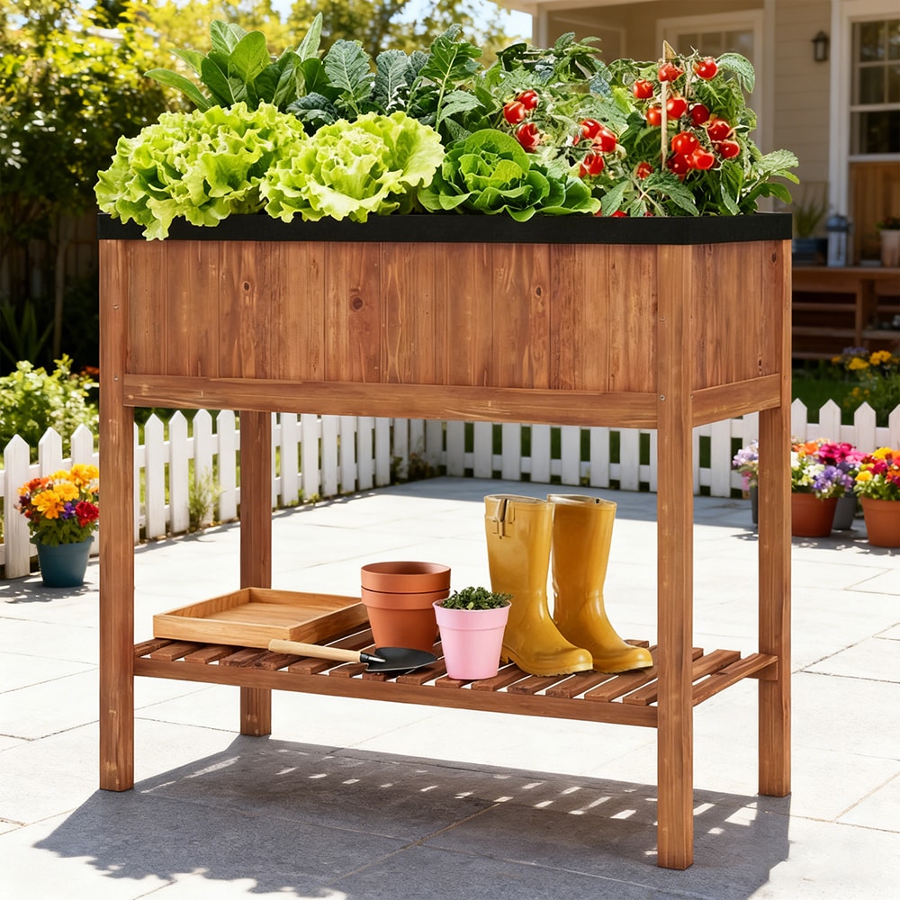 VANECL Elevated Pine Wood Raised Garden Bed with Storage Shelf, 4.8 Cu.Ft Planter B0x, Total 220 LBS Weight Capacity, Ergonomic 39” Height Raised Planter for Herb Vegetable Flower Patio Balcony Garden