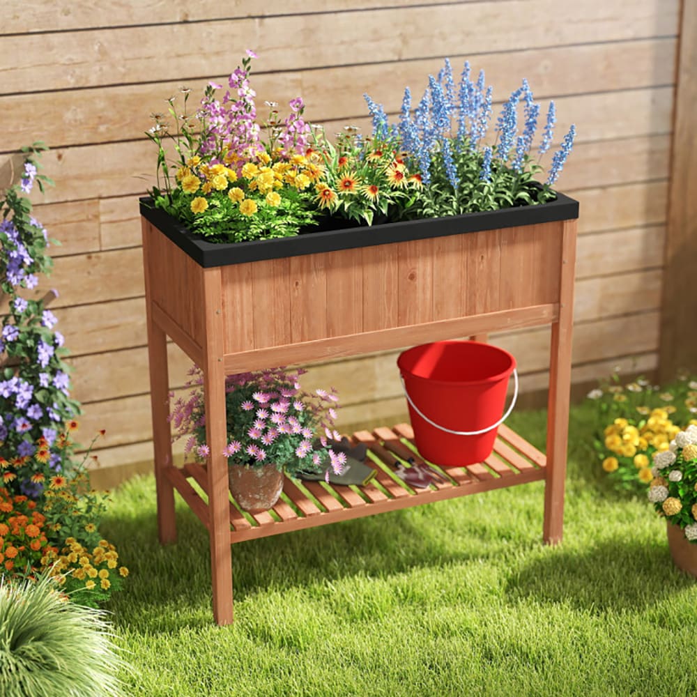 VANECL Elevated Pine Wood Raised Garden Bed with Storage Shelf, 4.8 Cu.Ft Planter B0x, Total 220 LBS Weight Capacity, Ergonomic 39” Height Raised Planter for Herb Vegetable Flower Patio Balcony Garden