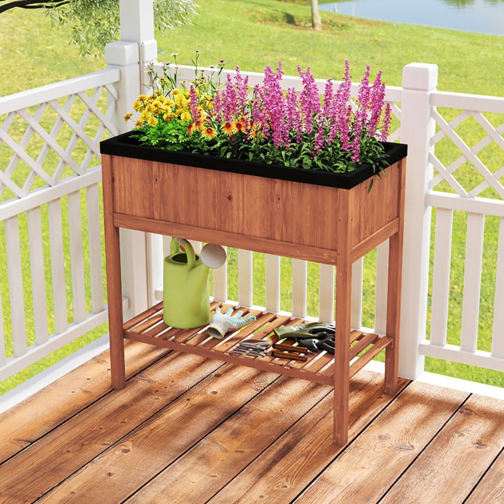 VANECL Elevated Pine Wood Raised Garden Bed with Storage Shelf, 4.8 Cu.Ft Planter B0x, Total 220 LBS Weight Capacity, Ergonomic 39” Height Raised Planter for Herb Vegetable Flower Patio Balcony Garden