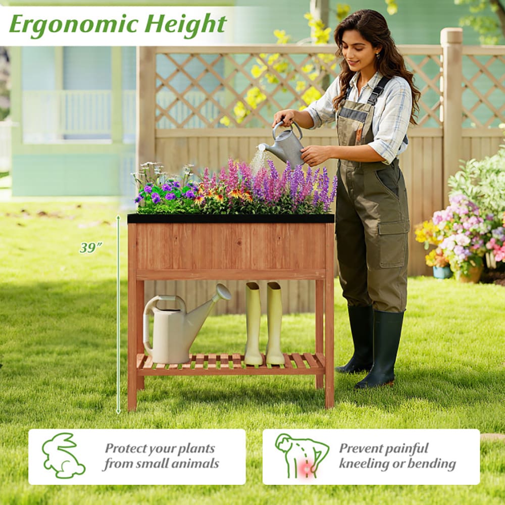 VANECL Elevated Pine Wood Raised Garden Bed with Storage Shelf, 4.8 Cu.Ft Planter B0x, Total 220 LBS Weight Capacity, Ergonomic 39” Height Raised Planter for Herb Vegetable Flower Patio Balcony Garden