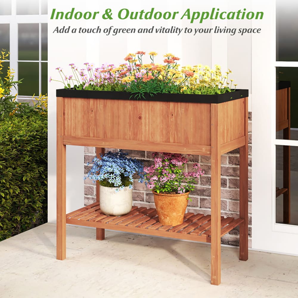 VANECL Elevated Pine Wood Raised Garden Bed with Storage Shelf, 4.8 Cu.Ft Planter B0x, Total 220 LBS Weight Capacity, Ergonomic 39” Height Raised Planter for Herb Vegetable Flower Patio Balcony Garden