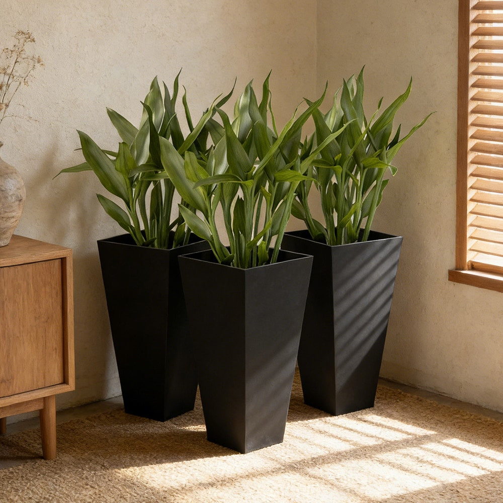 VANECL Set of 3 Tall Taper Planters, 28 Inch Large Black PP Outdoor Plant Pots with Drainage Holes & Plug, Matte Trapezoidal Floor Standing Planter for Front Porch Patio Garden Indoor Living Room Decor