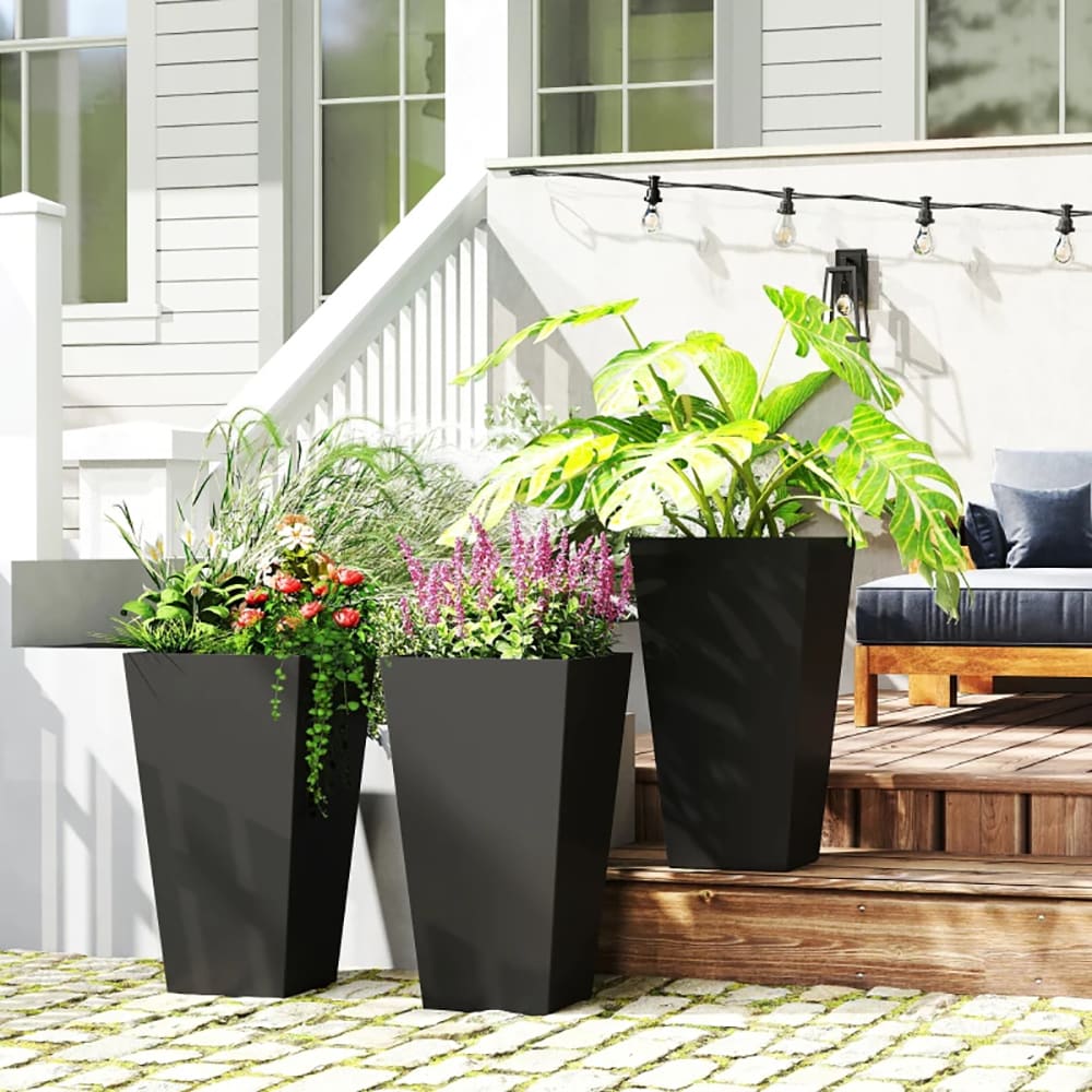 VANECL Set of 3 Tall Taper Planters, 28 Inch Large Black PP Outdoor Plant Pots with Drainage Holes & Plug, Matte Trapezoidal Floor Standing Planter for Front Porch Patio Garden Indoor Living Room Decor