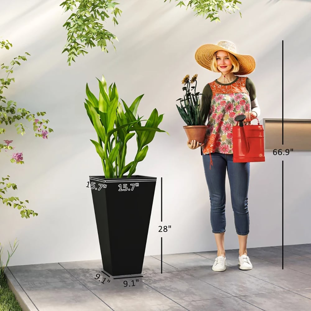 VANECL Set of 3 Tall Taper Planters, 28 Inch Large Black PP Outdoor Plant Pots with Drainage Holes & Plug, Matte Trapezoidal Floor Standing Planter for Front Porch Patio Garden Indoor Living Room Decor