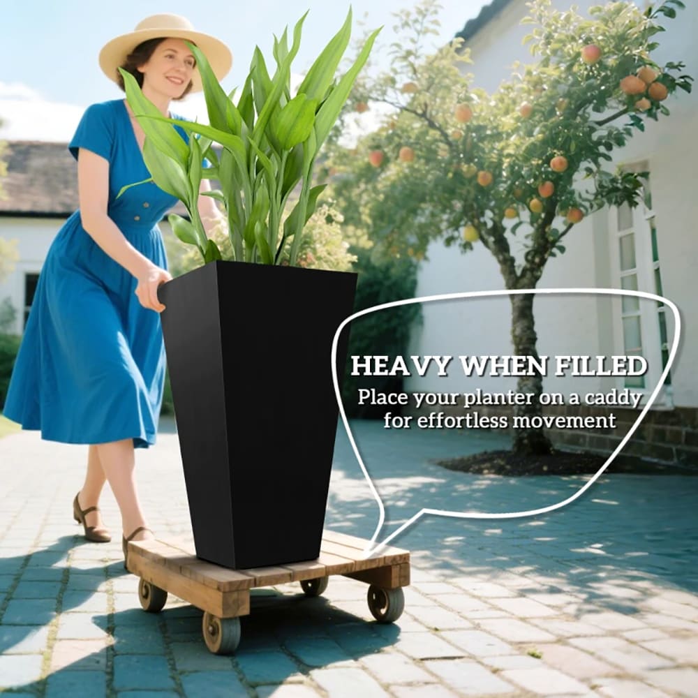 VANECL Set of 3 Tall Taper Planters, 28 Inch Large Black PP Outdoor Plant Pots with Drainage Holes & Plug, Matte Trapezoidal Floor Standing Planter for Front Porch Patio Garden Indoor Living Room Decor