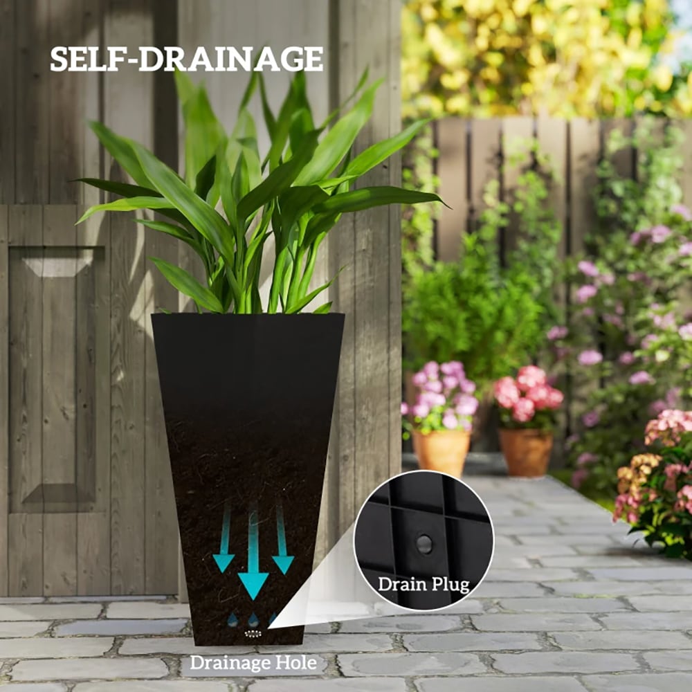 VANECL Set of 3 Tall Taper Planters, 28 Inch Large Black PP Outdoor Plant Pots with Drainage Holes & Plug, Matte Trapezoidal Floor Standing Planter for Front Porch Patio Garden Indoor Living Room Decor