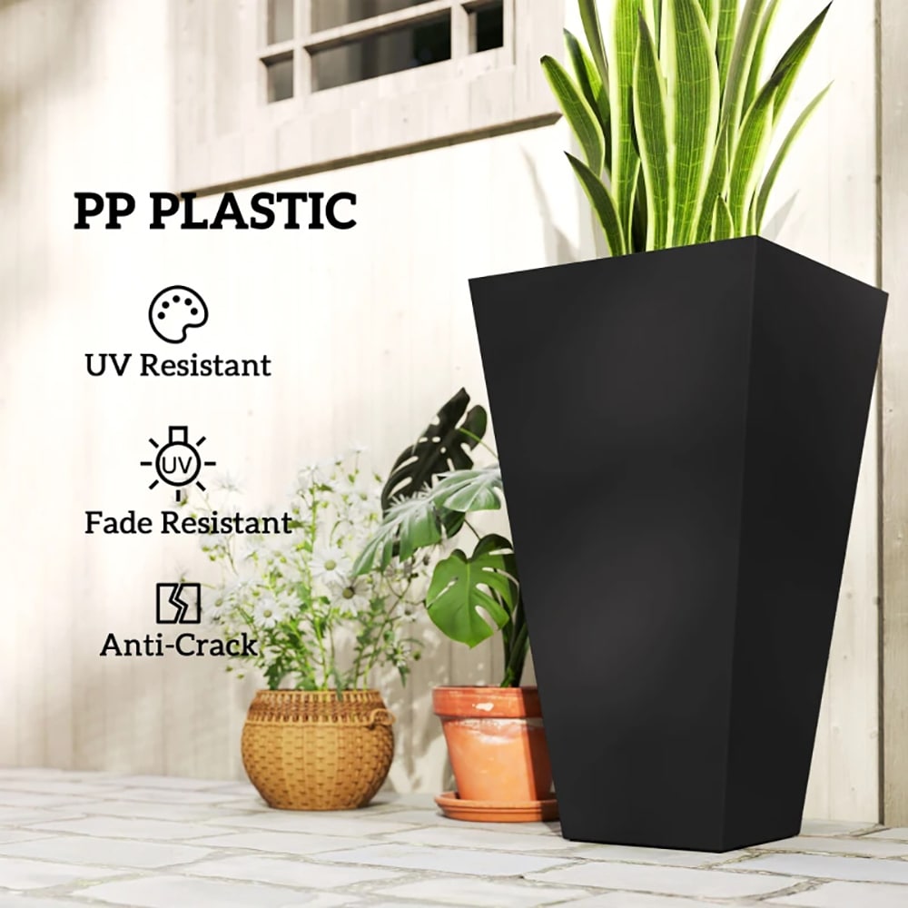 VANECL Set of 3 Tall Taper Planters, 28 Inch Large Black PP Outdoor Plant Pots with Drainage Holes & Plug, Matte Trapezoidal Floor Standing Planter for Front Porch Patio Garden Indoor Living Room Decor
