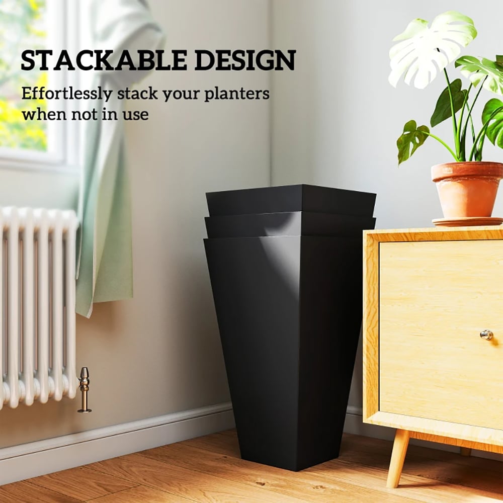 VANECL Set of 3 Tall Taper Planters, 28 Inch Large Black PP Outdoor Plant Pots with Drainage Holes & Plug, Matte Trapezoidal Floor Standing Planter for Front Porch Patio Garden Indoor Living Room Decor