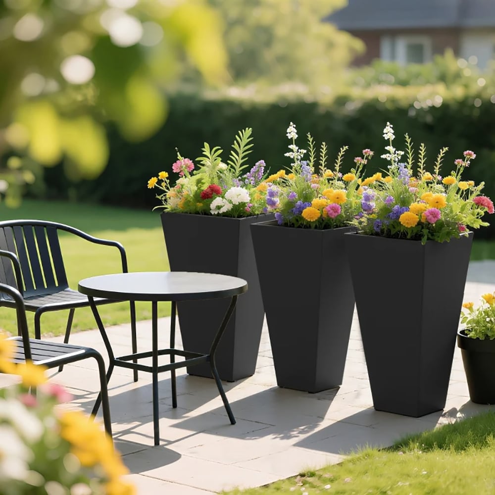 VANECL Set of 3 Tall Taper Planters, 28 Inch Large Black PP Outdoor Plant Pots with Drainage Holes & Plug, Matte Trapezoidal Floor Standing Planter for Front Porch Patio Garden Indoor Living Room Decor