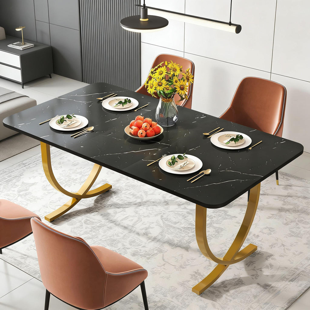 VANECL Modern Dining Table, 63 Inch Faux Marble Top Kitchen Table with Gold Geometric Metal Legs, Space Saving Rectangular Dinner Table Seats Up to 4 for Dining Room Kitchen Cafe Office