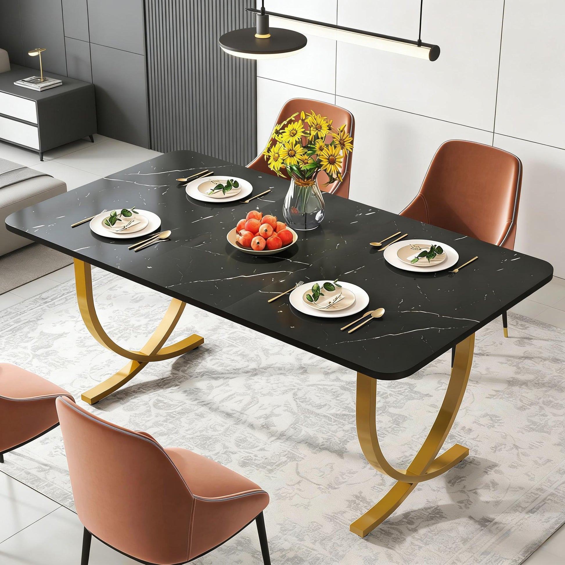 VANECL Modern Dining Table, 63 Inch Faux Marble Top Kitchen Table with Gold Geometric Metal Legs, Space Saving Rectangular Dinner Table Seats Up to 4 for Dining Room Kitchen Cafe Office