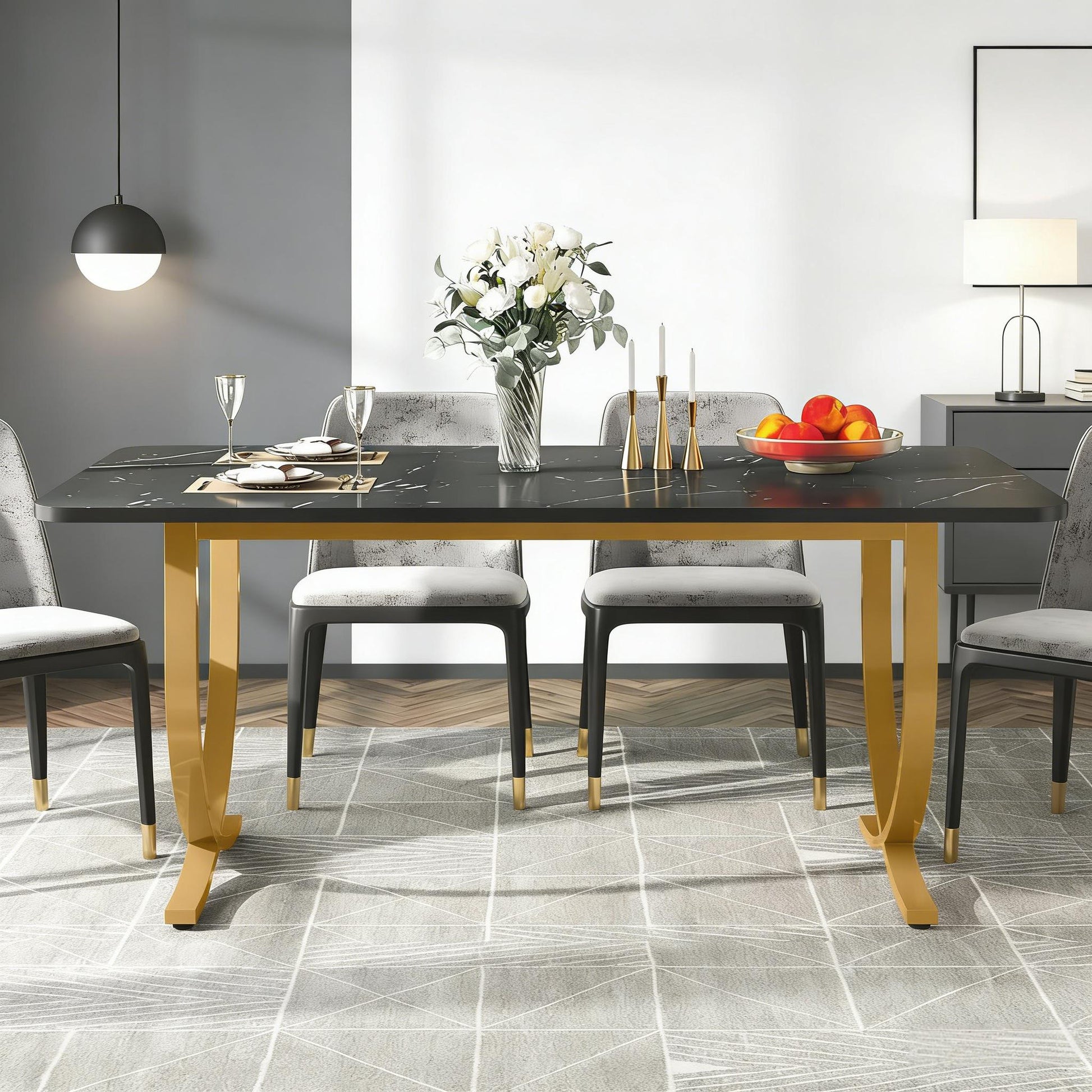 VANECL Modern Dining Table, 63 Inch Faux Marble Top Kitchen Table with Gold Geometric Metal Legs, Space Saving Rectangular Dinner Table Seats Up to 4 for Dining Room Kitchen Cafe Office