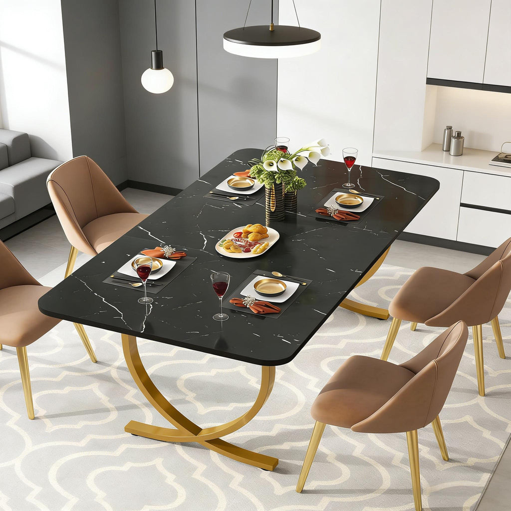 VANECL Modern Dining Table, 63 Inch Faux Marble Top Kitchen Table with Gold Geometric Metal Legs, Space Saving Rectangular Dinner Table Seats Up to 4 for Dining Room Kitchen Cafe Office