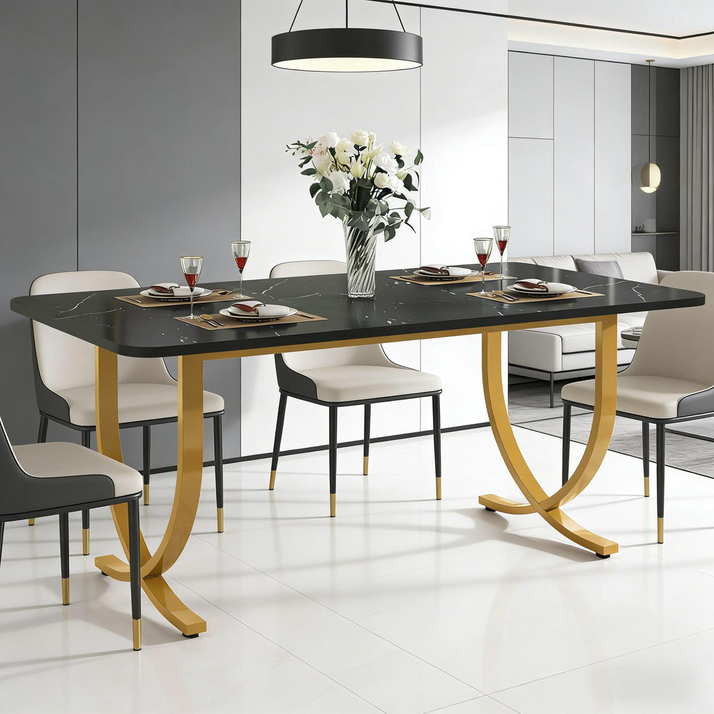 VANECL Modern Dining Table, 63 Inch Faux Marble Top Kitchen Table with Gold Geometric Metal Legs, Space Saving Rectangular Dinner Table Seats Up to 4 for Dining Room Kitchen Cafe Office