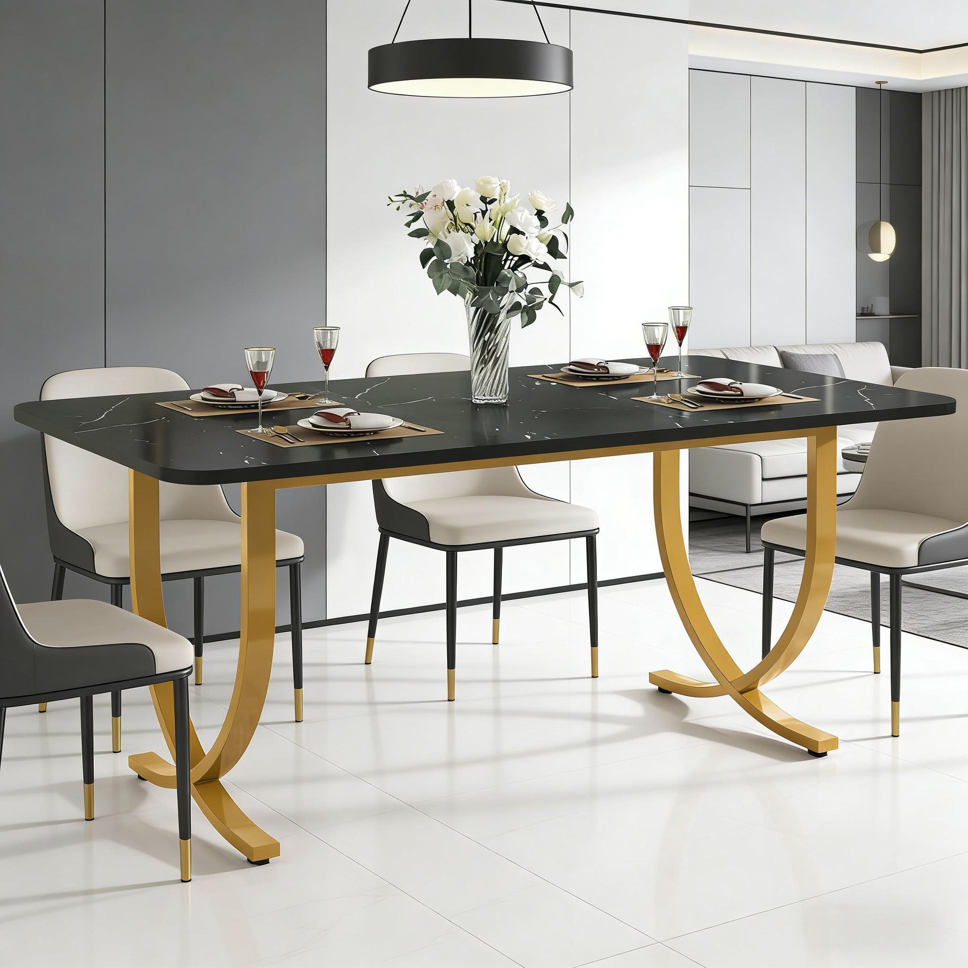 VANECL Modern Dining Table, 63 Inch Faux Marble Top Kitchen Table with Gold Geometric Metal Legs, Space Saving Rectangular Dinner Table Seats Up to 4 for Dining Room Kitchen Cafe Office