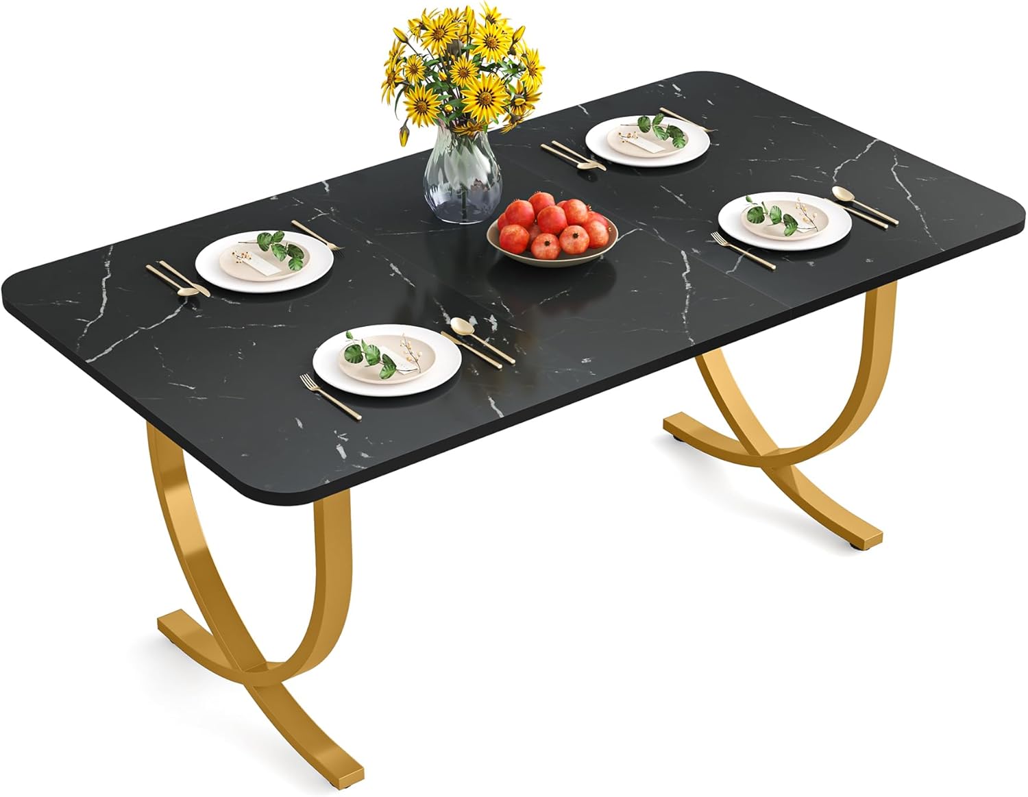VANECL Modern Dining Table, 63 Inch Faux Marble Top Kitchen Table with Gold Geometric Metal Legs, Space Saving Rectangular Dinner Table Seats Up to 4 for Dining Room Kitchen Cafe Office