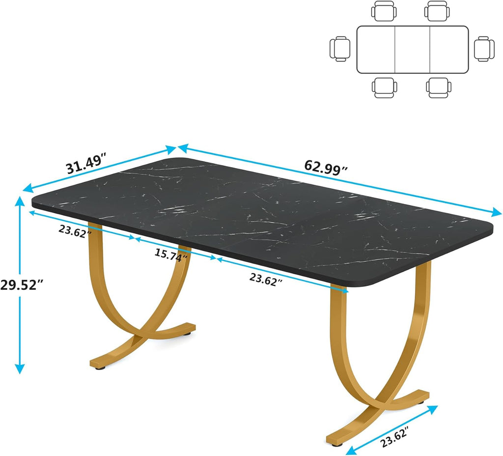 VANECL Modern Dining Table, 63 Inch Faux Marble Top Kitchen Table with Gold Geometric Metal Legs, Space Saving Rectangular Dinner Table Seats Up to 4 for Dining Room Kitchen Cafe Office