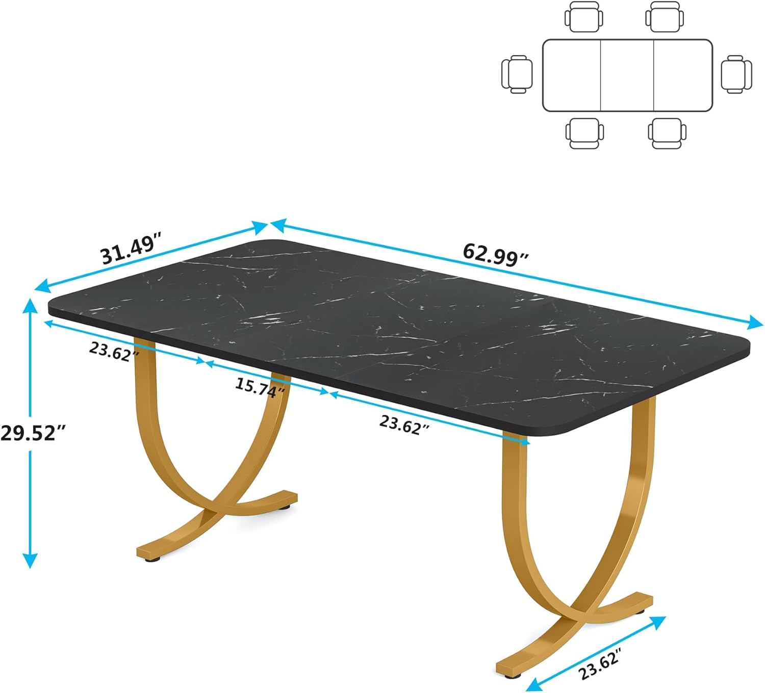 VANECL Modern Dining Table, 63 Inch Faux Marble Top Kitchen Table with Gold Geometric Metal Legs, Space Saving Rectangular Dinner Table Seats Up to 4 for Dining Room Kitchen Cafe Office