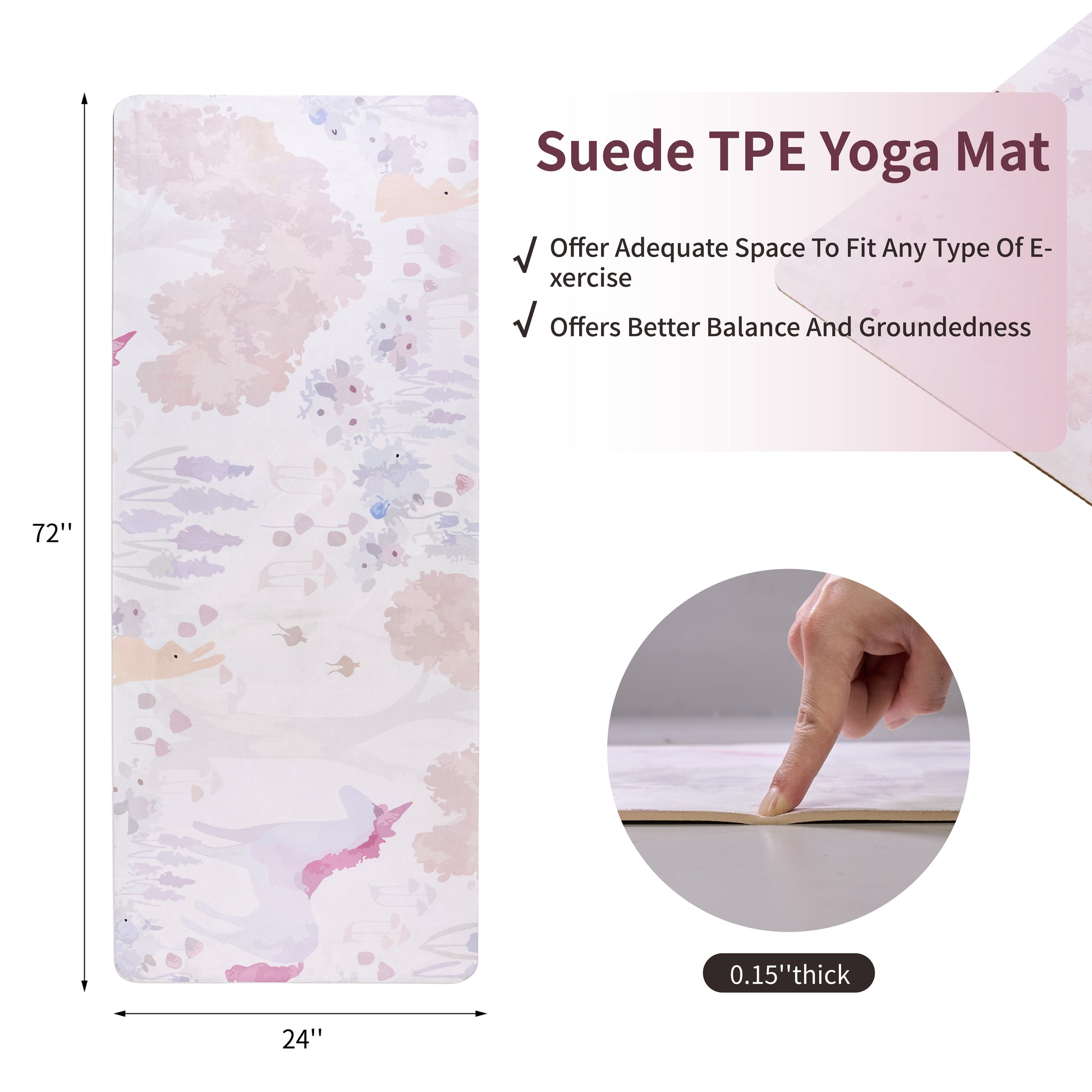 VANECL Printed Suede Top TPE Yoga Mat 72"×24", Dual Sided Non Slip Exercise Workout Mat, Multi-Purpose Anti-Tear Fitness Mat for Yoga Pilates Stretching Indoor & Outdoor