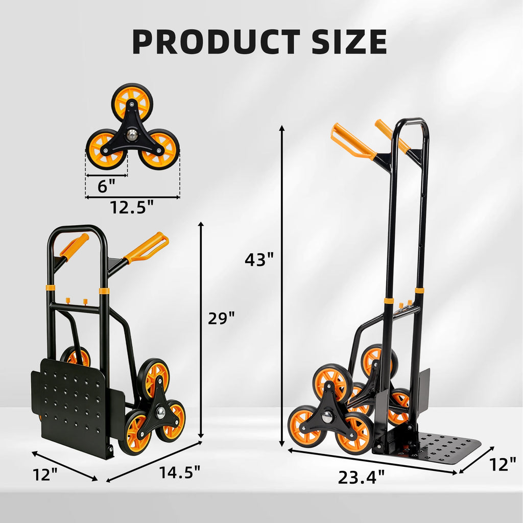 VANECL Heavy Duty Stair Climbing Hand Truck Dolly, 3-Wheel Foldable Moving Cart with Ergonomic Handle, 265 LBS Load Capacity Portable Hand Trolley for Home Warehouse Outdoor Transport