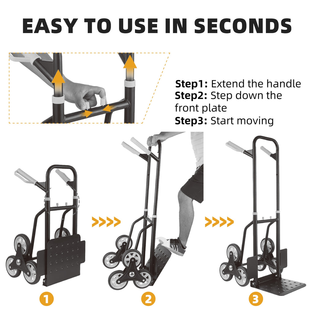 VANECL Heavy Duty Stair Climbing Hand Truck Dolly, 3-Wheel Foldable Moving Cart with Ergonomic Handle, 265 LBS Load Capacity Portable Hand Trolley for Home Warehouse Outdoor Transport
