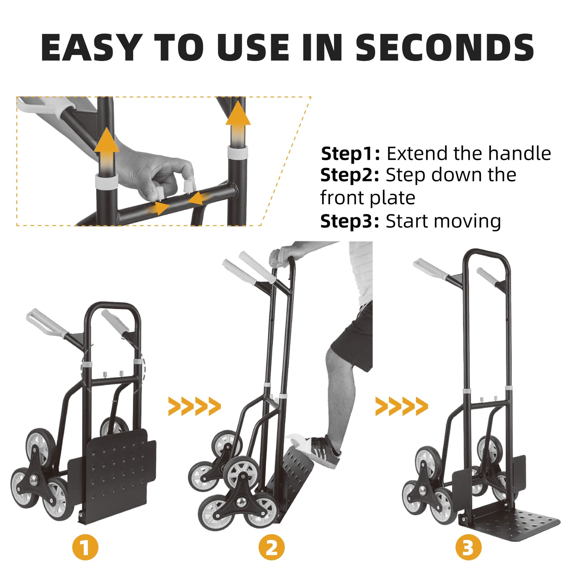 VANECL Heavy Duty Stair Climbing Hand Truck Dolly, 3-Wheel Foldable Moving Cart with Ergonomic Handle, 265 LBS Load Capacity Portable Hand Trolley for Home Warehouse Outdoor Transport