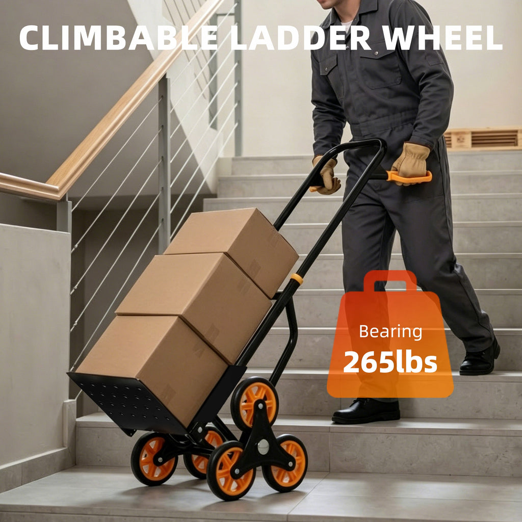 VANECL Heavy Duty Stair Climbing Hand Truck Dolly, 3-Wheel Foldable Moving Cart with Ergonomic Handle, 265 LBS Load Capacity Portable Hand Trolley for Home Warehouse Outdoor Transport