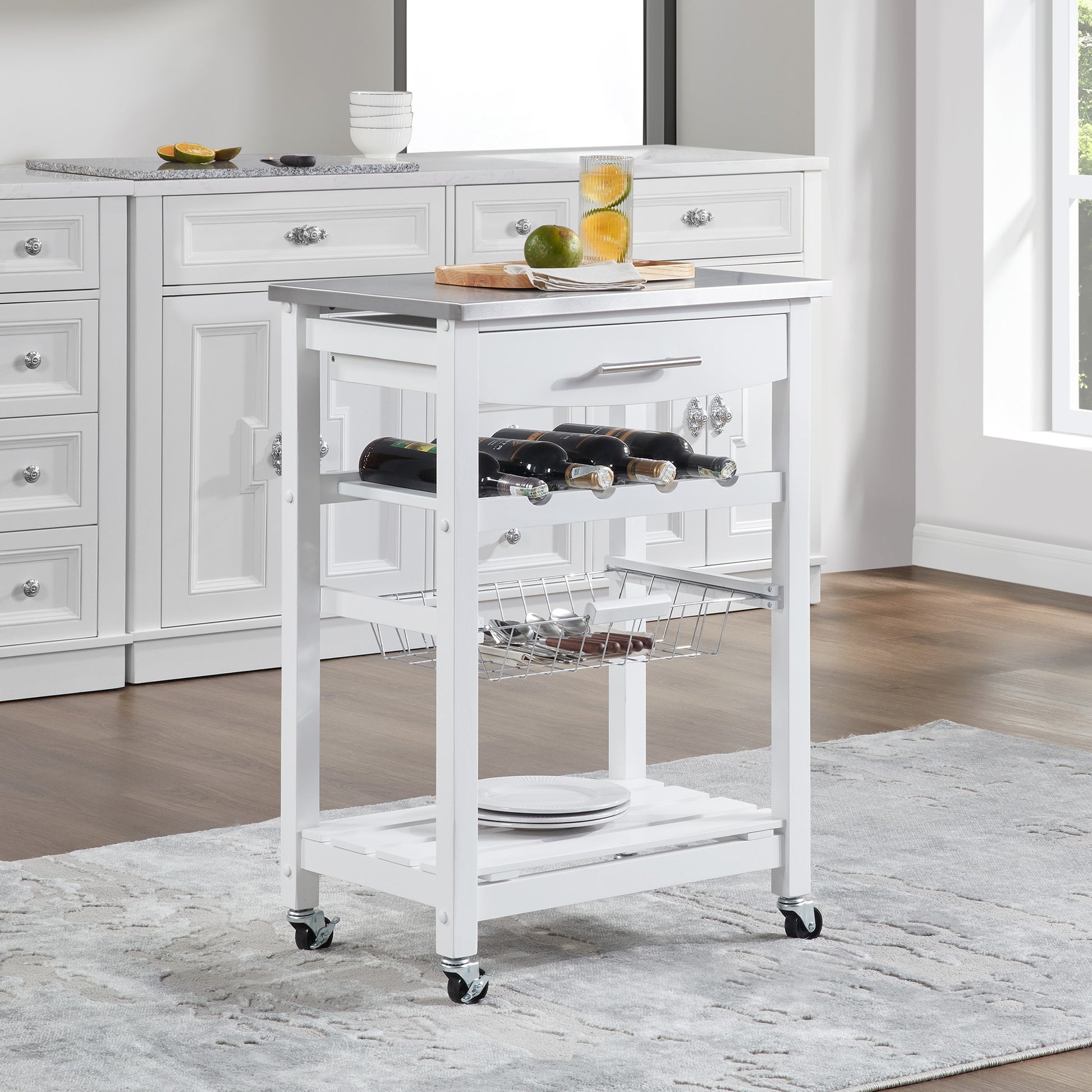 VANECL Rolling Kitchen Island Trolley with Stainless Steel Top, Mobile Serving Cart with Drawer & Slide-Out Wire Storage Basket, Lockable Casters Solid Pine Frame Kitchen Utility Cart