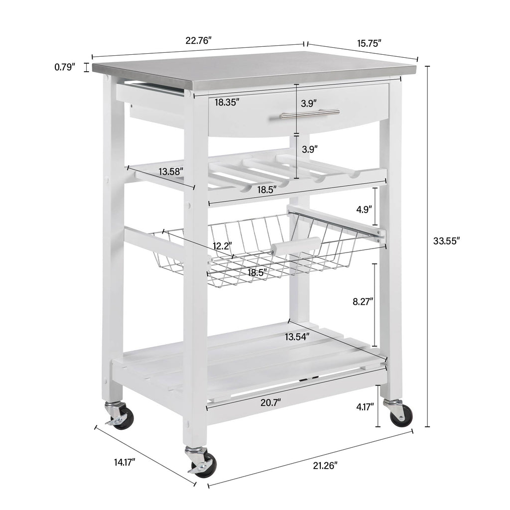 VANECL Rolling Kitchen Island Trolley with Stainless Steel Top, Mobile Serving Cart with Drawer & Slide-Out Wire Storage Basket, Lockable Casters Solid Pine Frame Kitchen Utility Cart