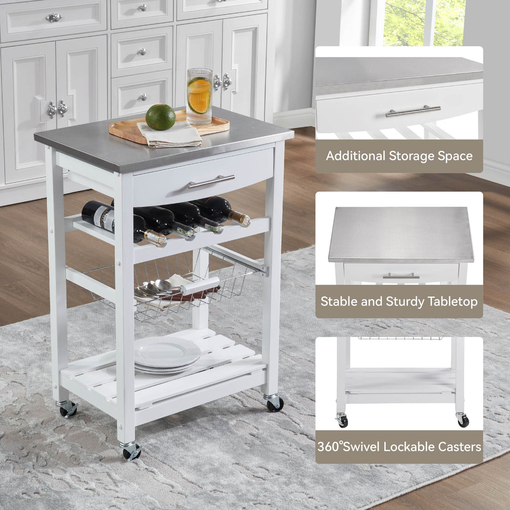 VANECL Rolling Kitchen Island Trolley with Stainless Steel Top, Mobile Serving Cart with Drawer & Slide-Out Wire Storage Basket, Lockable Casters Solid Pine Frame Kitchen Utility Cart