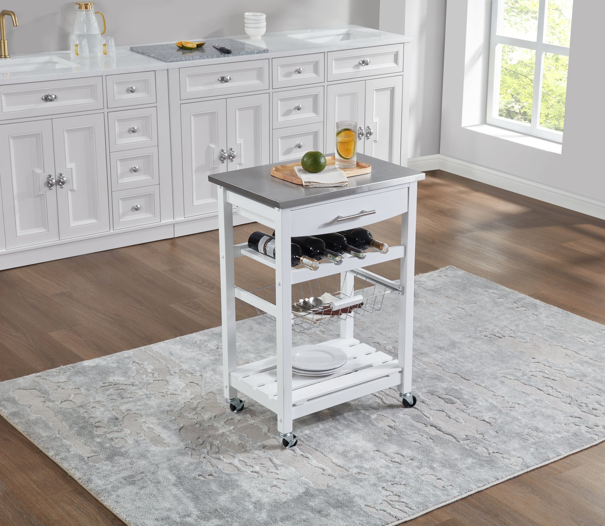 VANECL Rolling Kitchen Island Trolley with Stainless Steel Top, Mobile Serving Cart with Drawer & Slide-Out Wire Storage Basket, Lockable Casters Solid Pine Frame Kitchen Utility Cart