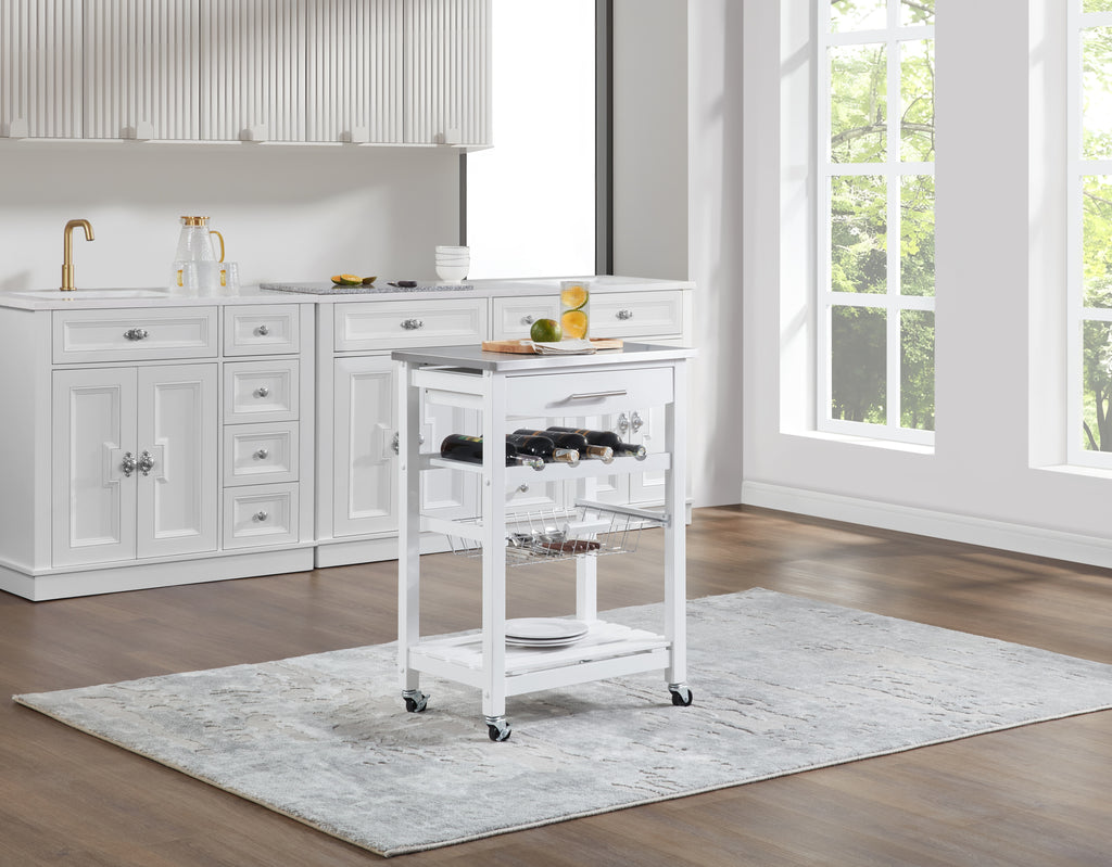 VANECL Rolling Kitchen Island Trolley with Stainless Steel Top, Mobile Serving Cart with Drawer & Slide-Out Wire Storage Basket, Lockable Casters Solid Pine Frame Kitchen Utility Cart