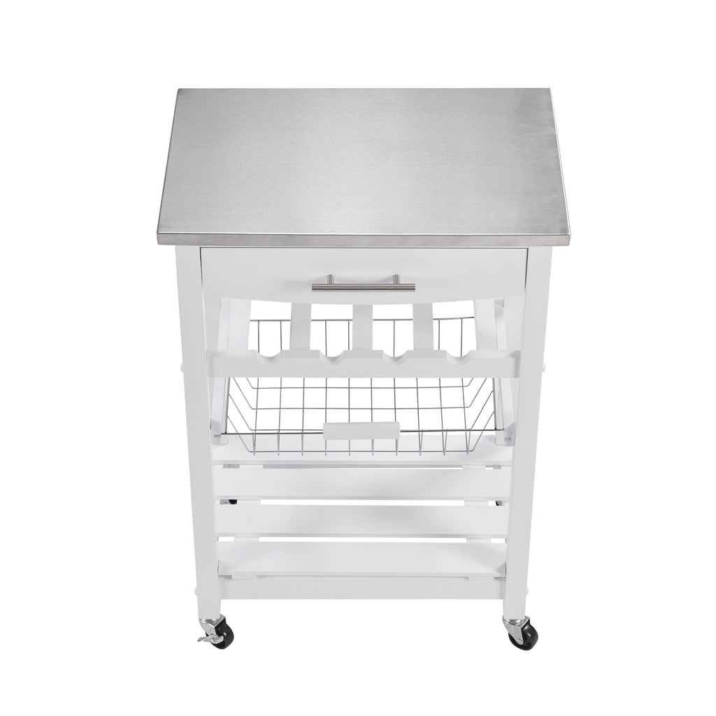 VANECL Rolling Kitchen Island Trolley with Stainless Steel Top, Mobile Serving Cart with Drawer & Slide-Out Wire Storage Basket, Lockable Casters Solid Pine Frame Kitchen Utility Cart