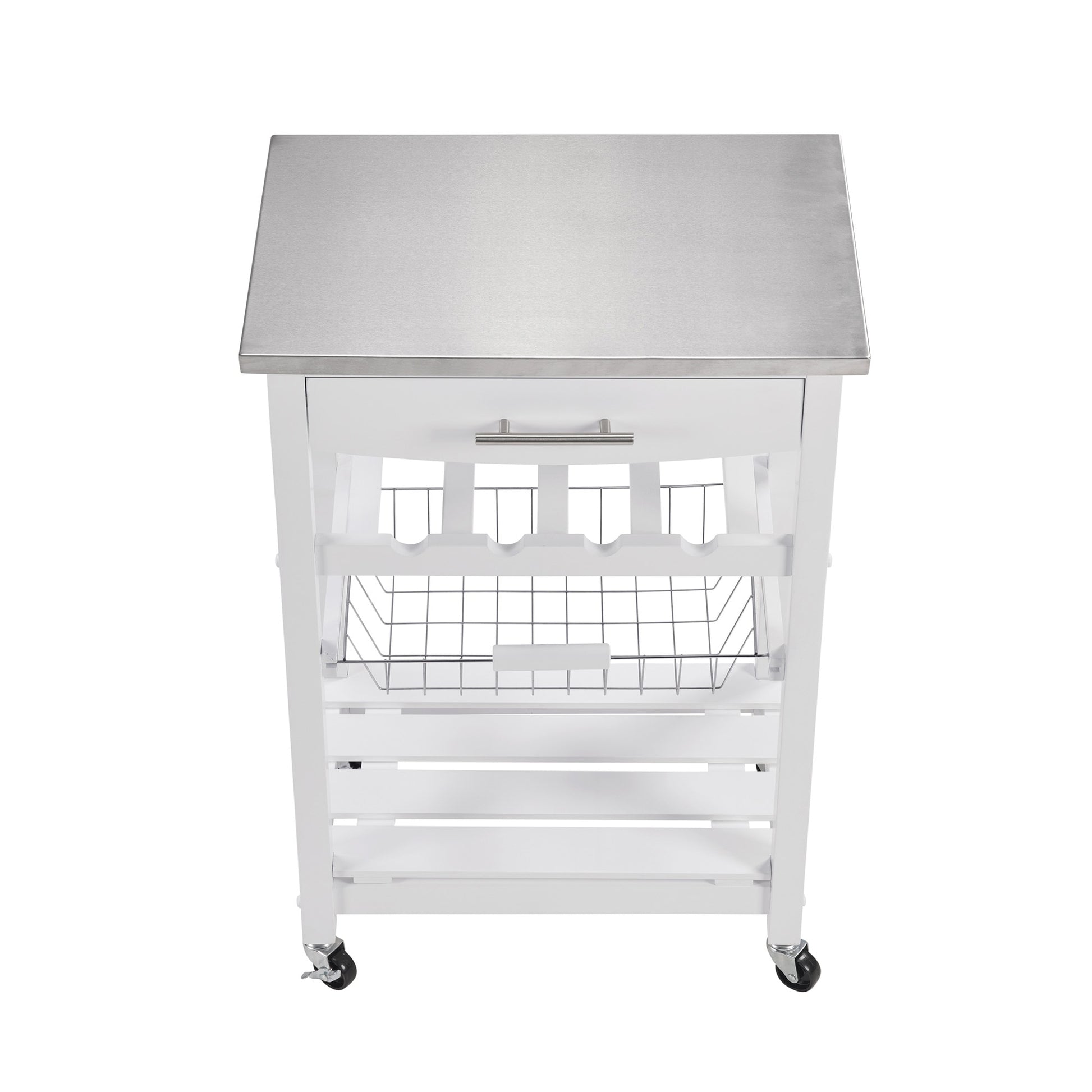 VANECL Rolling Kitchen Island Trolley with Stainless Steel Top, Mobile Serving Cart with Drawer & Slide-Out Wire Storage Basket, Lockable Casters Solid Pine Frame Kitchen Utility Cart
