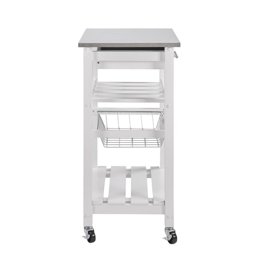 VANECL Rolling Kitchen Island Trolley with Stainless Steel Top, Mobile Serving Cart with Drawer & Slide-Out Wire Storage Basket, Lockable Casters Solid Pine Frame Kitchen Utility Cart