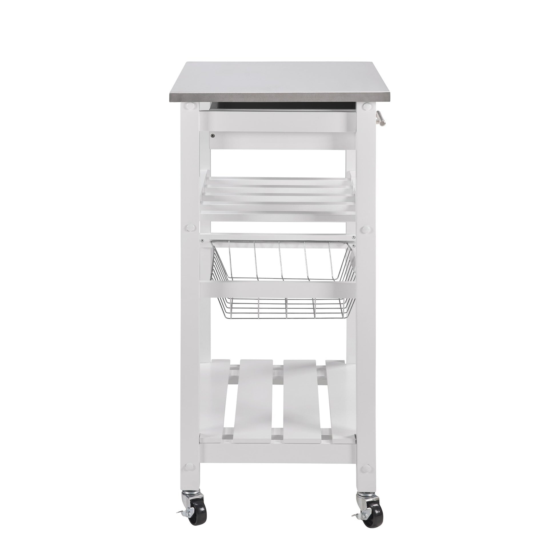 VANECL Rolling Kitchen Island Trolley with Stainless Steel Top, Mobile Serving Cart with Drawer & Slide-Out Wire Storage Basket, Lockable Casters Solid Pine Frame Kitchen Utility Cart